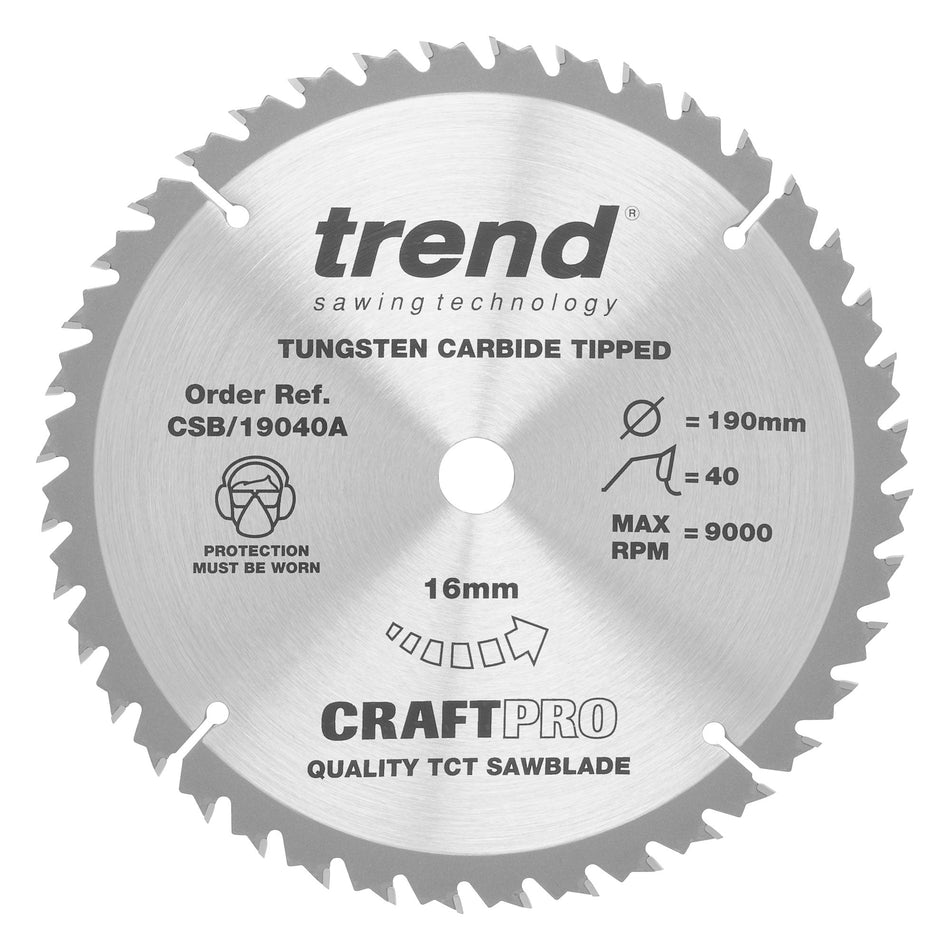 Trend Tools CSB/19040A Trend Wood Circular Saw Blade 190Mm X 16Mm X 40T