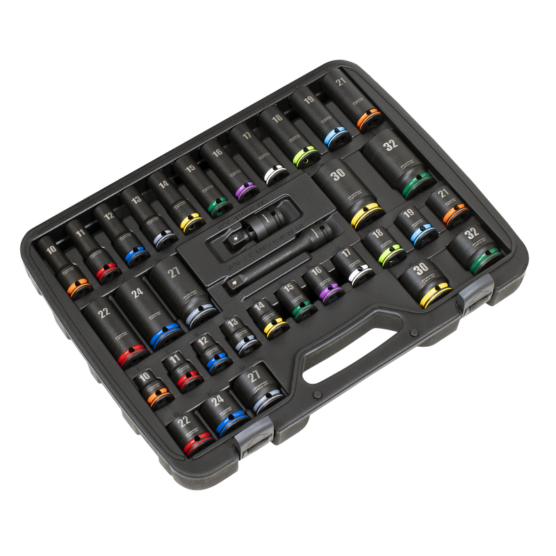 Sealey AK5636M Lock-On‚Ñ¢ Standard & Deep Impact Socket Set 34pc 1/2"Sq Drive 6pt Metric