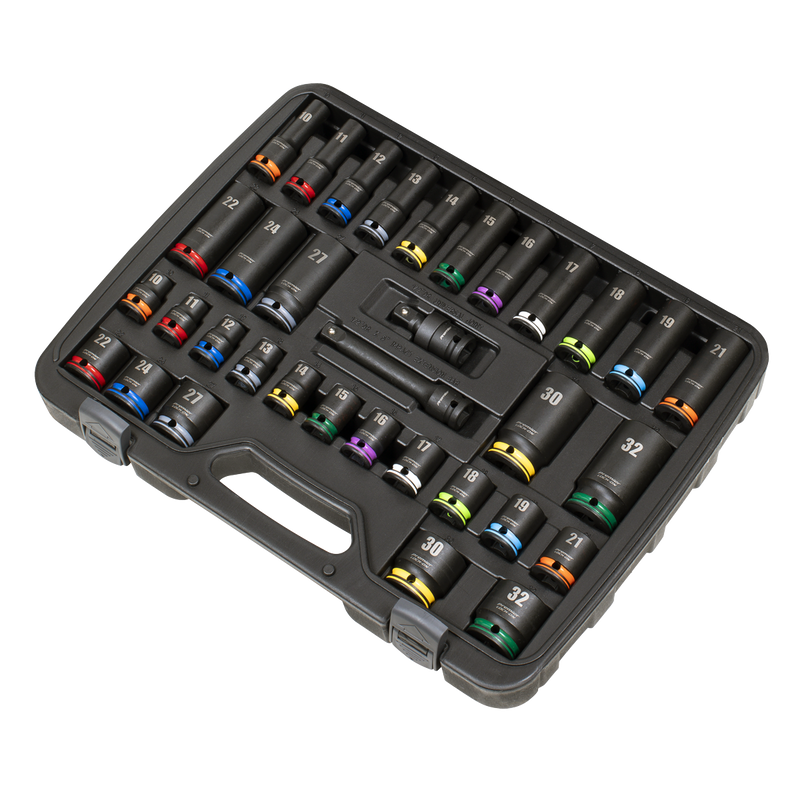 Sealey AK5636M Lock-On‚Ñ¢ Standard & Deep Impact Socket Set 34pc 1/2"Sq Drive 6pt Metric