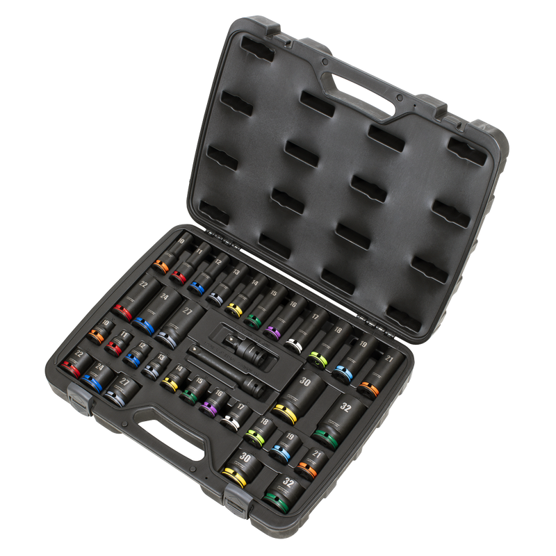 Sealey AK5636M Lock-On‚Ñ¢ Standard & Deep Impact Socket Set 34pc 1/2"Sq Drive 6pt Metric