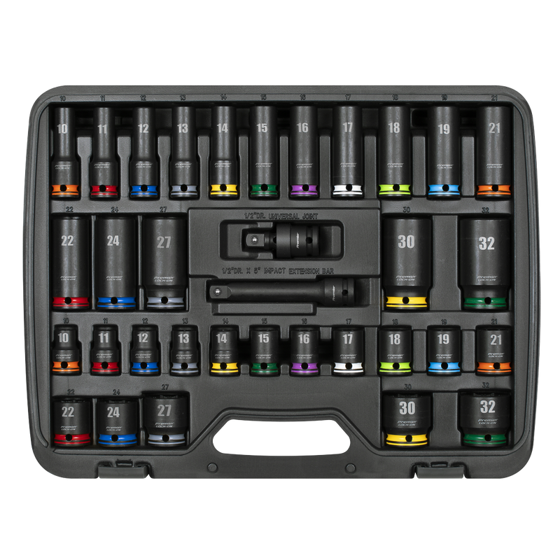 Sealey AK5636M Lock-On‚Ñ¢ Standard & Deep Impact Socket Set 34pc 1/2"Sq Drive 6pt Metric