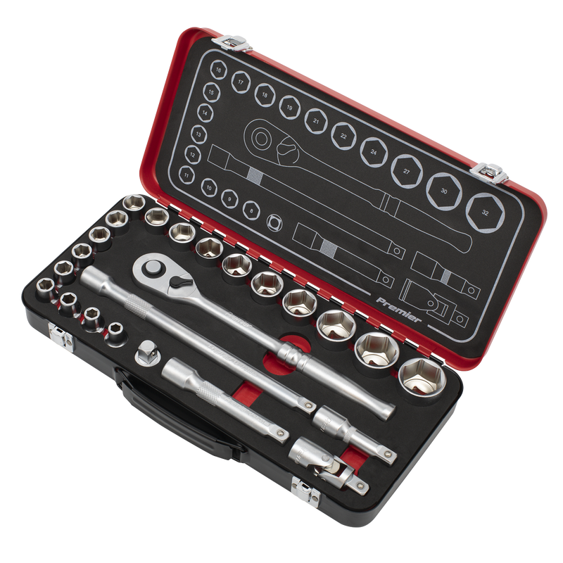 Sealey AK7924 Socket Set 1/2"Sq Drive 24pc -  Premier Platinum