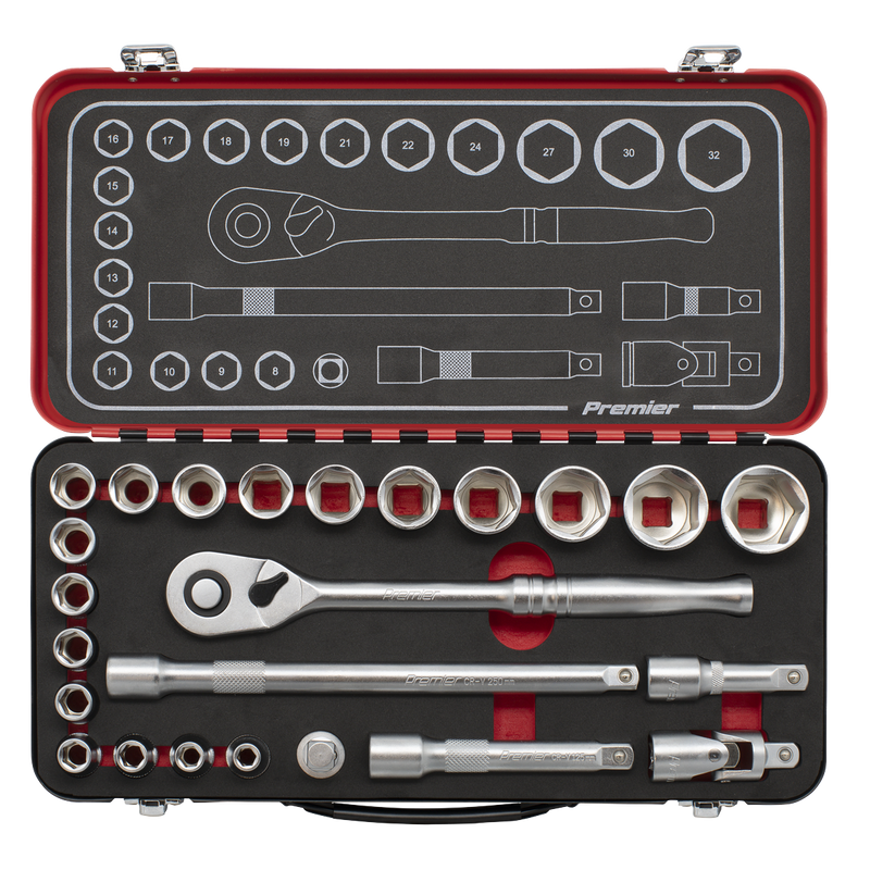 Sealey AK7924 Socket Set 1/2"Sq Drive 24pc -  Premier Platinum