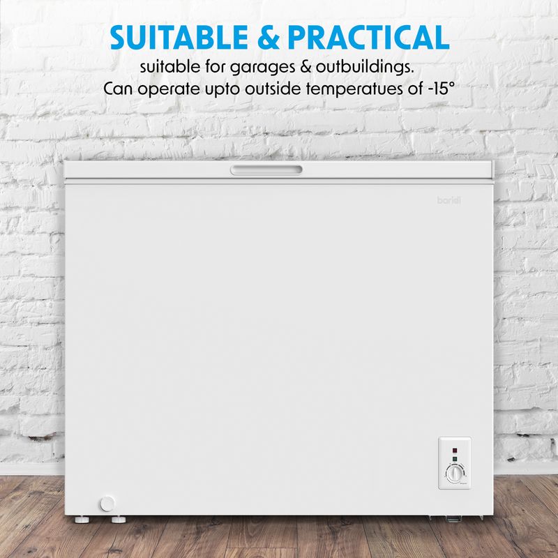 Baridi DH111  Freestanding Chest Freezer, 199L Capacity, Garages and Outbuilding Safe, -12 to -24 degreeC Adjustable Thermostat with Refrigeration Mode, White