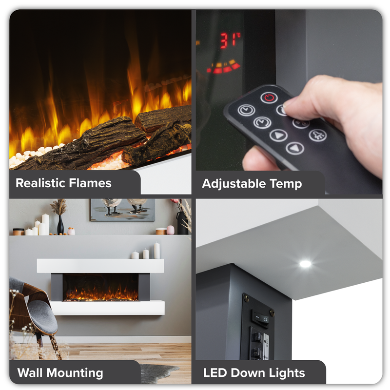 Baridi DH112 Wall Mounting Electric Fireplace with LED Flame Effect 52" - Grey