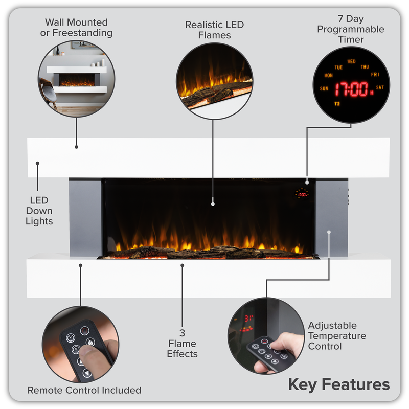 Baridi DH112 Wall Mounting Electric Fireplace with LED Flame Effect 52" - Grey