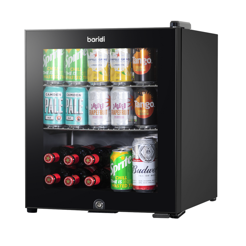 Baridi DH12  50L Tabletop Beer & Drinks Mini Fridge with Light 3-10 degreeC - Black & Glass