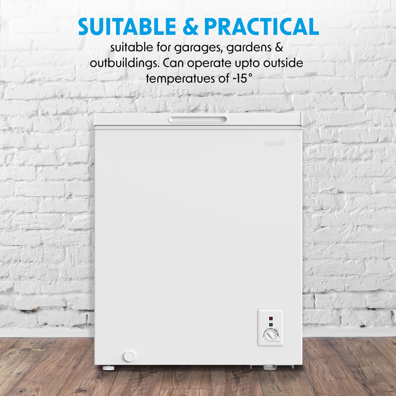 Baridi DH120  Freestanding Chest Freezer, 142L Capacity, Garages and Outbuilding Safe, -12 to -24 degreeC Adjustable Thermostat with Refrigeration Mode, White