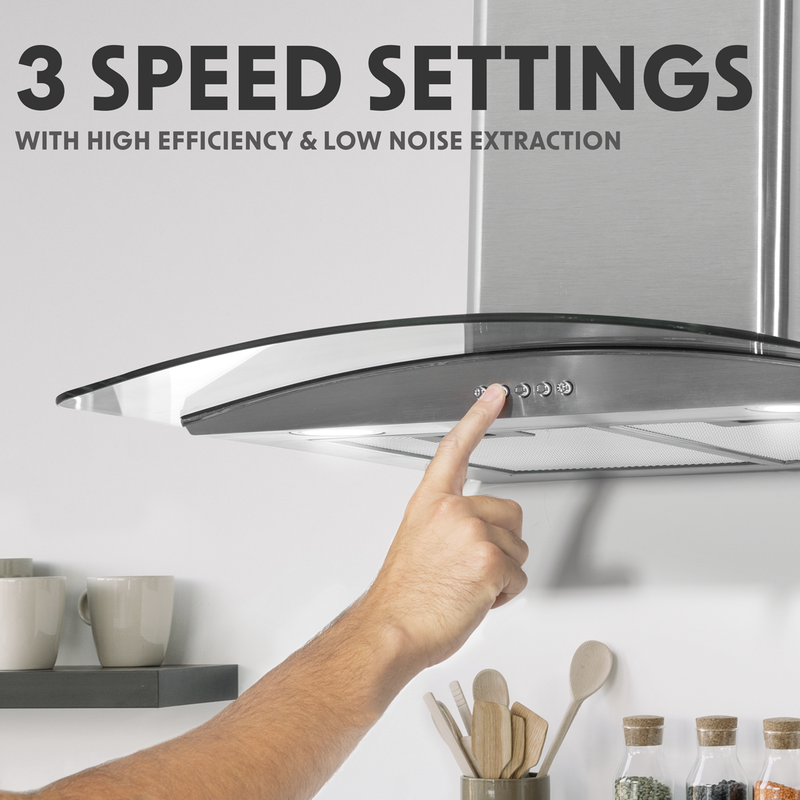Baridi DH128  60cm Curved Glass Cooker Hood with Carbon Filters, LED Lights, Stainless Steel