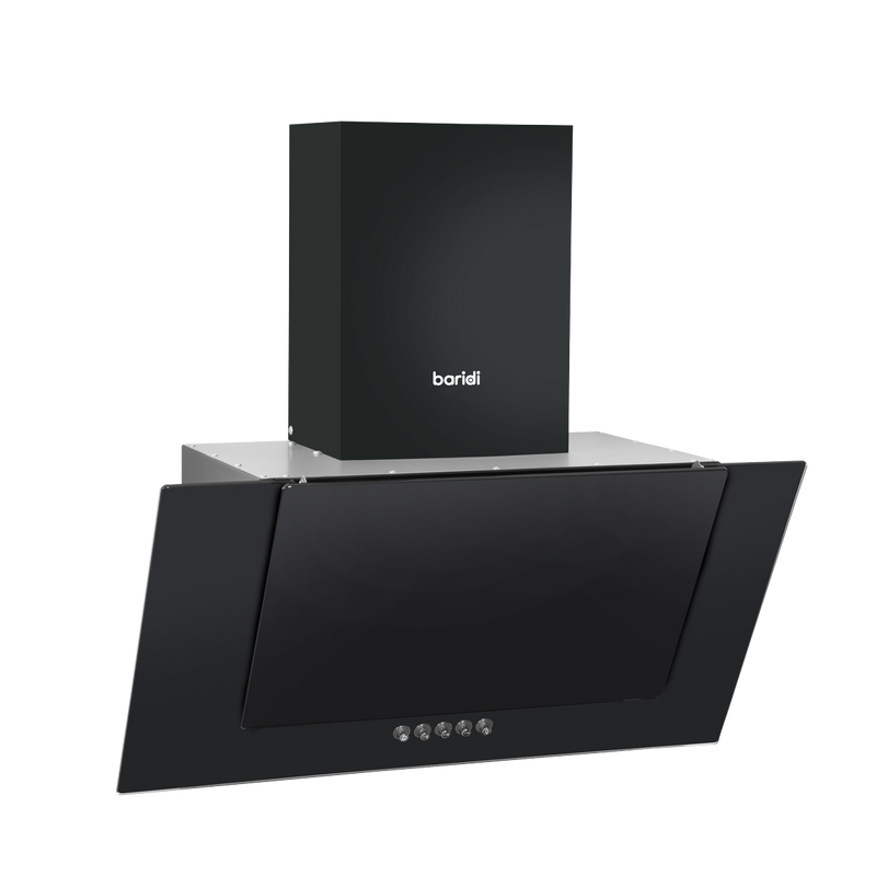 Baridi DH129  60cm Angled Chimney Cooker Hood with Carbon Filters, LED Lamp, Energy Class B, Black Glass