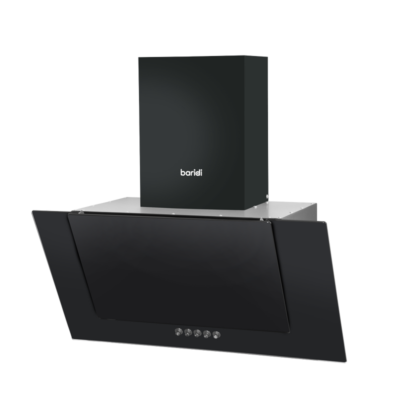 Baridi DH129  60cm Angled Chimney Cooker Hood with Carbon Filters, LED Lamp, Energy Class B, Black Glass