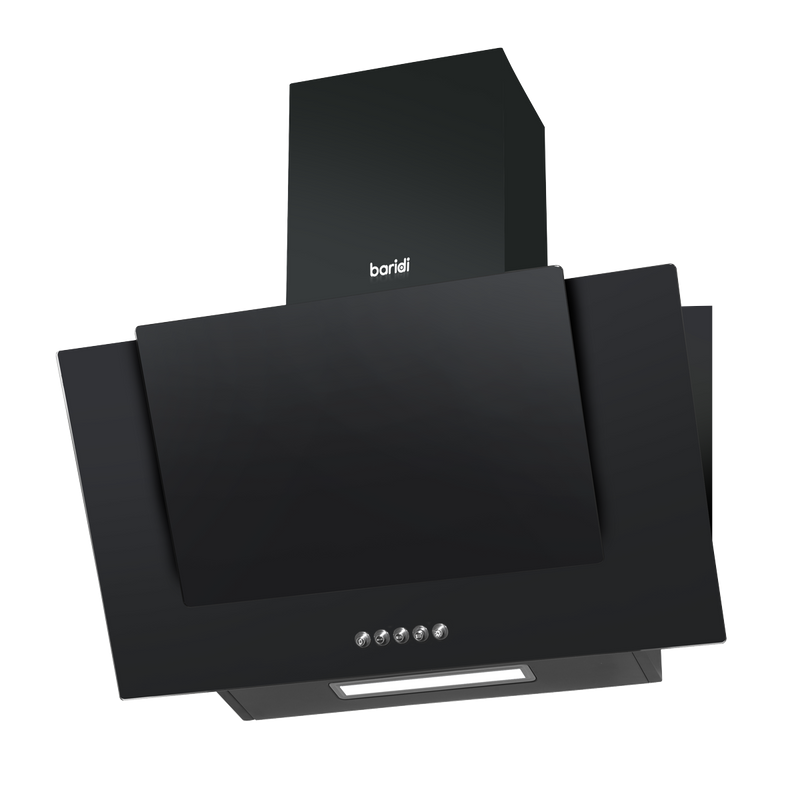 Baridi DH129  60cm Angled Chimney Cooker Hood with Carbon Filters, LED Lamp, Energy Class B, Black Glass