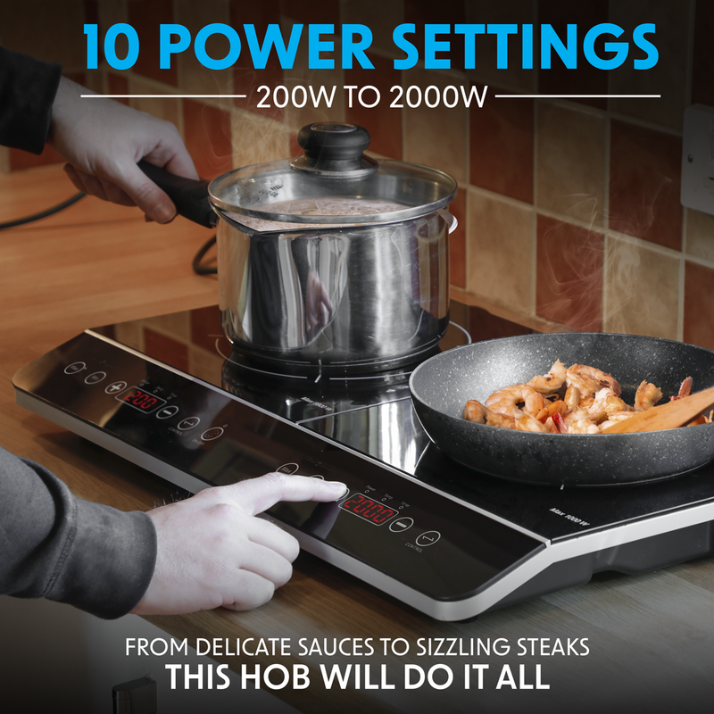 Sealey DH146 Baridi Portable Induction Hob: Two Zone Cooktop with 13A Plug, 2800W, 10 Power Settings, Touch Controls, 3-Hour Timer Function, Child Safety Lock, Black