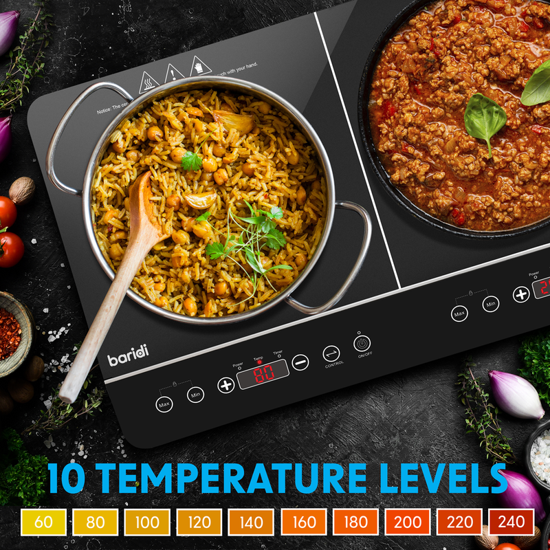 Sealey DH146 Baridi Portable Induction Hob: Two Zone Cooktop with 13A Plug, 2800W, 10 Power Settings, Touch Controls, 3-Hour Timer Function, Child Safety Lock, Black