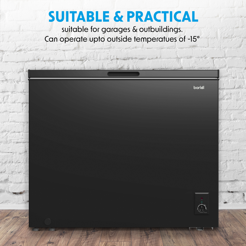 Baridi DH151  Freestanding Chest Freezer, 199L Capacity, Garages and Outbuilding Safe, -12 to -24 degreeC Adjustable Thermostat with Refrigeration Mode, Black