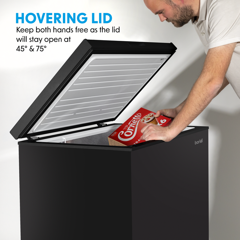 Baridi DH151  Freestanding Chest Freezer, 199L Capacity, Garages and Outbuilding Safe, -12 to -24 degreeC Adjustable Thermostat with Refrigeration Mode, Black