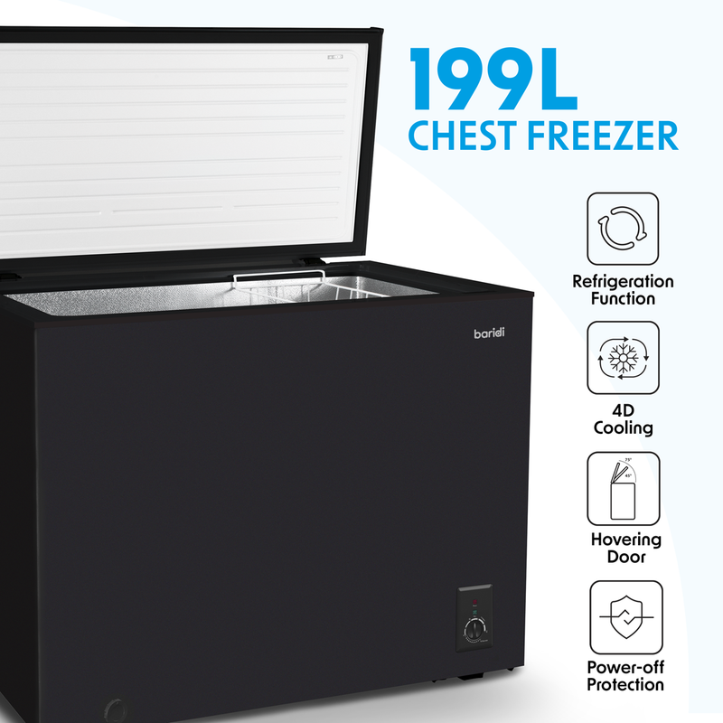 Baridi DH151  Freestanding Chest Freezer, 199L Capacity, Garages and Outbuilding Safe, -12 to -24 degreeC Adjustable Thermostat with Refrigeration Mode, Black