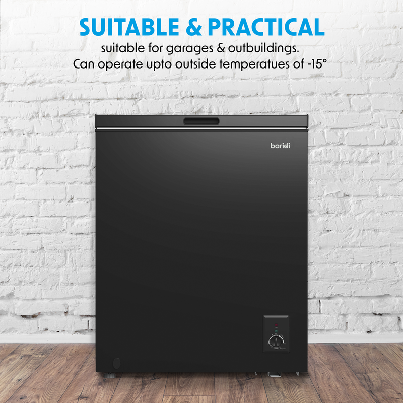 Baridi DH152  Freestanding Chest Freezer, 142L Capacity, Garages and Outbuilding Safe, -12 to -24 degreeC Adjustable Thermostat with Refrigeration Mode, Black