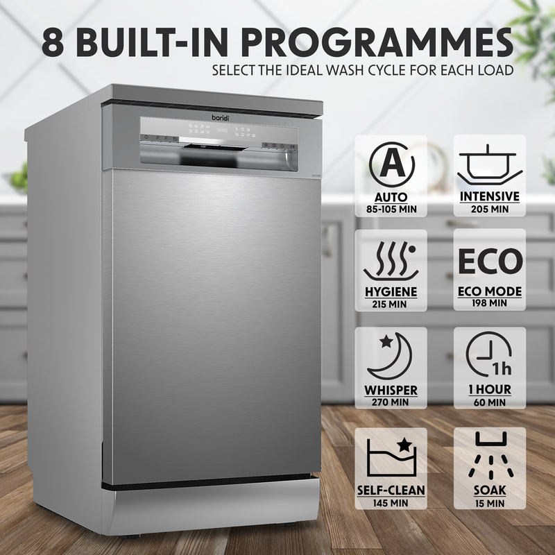 Baridi DH166  Slimline Freestanding Dishwasher, 45cm Wide with 10 Place Settings, 8 Programs & 5 Functions, LED Display, Silver