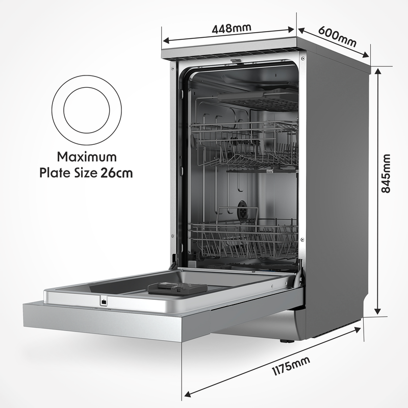 Baridi DH166  Slimline Freestanding Dishwasher, 45cm Wide with 10 Place Settings, 8 Programs & 5 Functions, LED Display, Silver