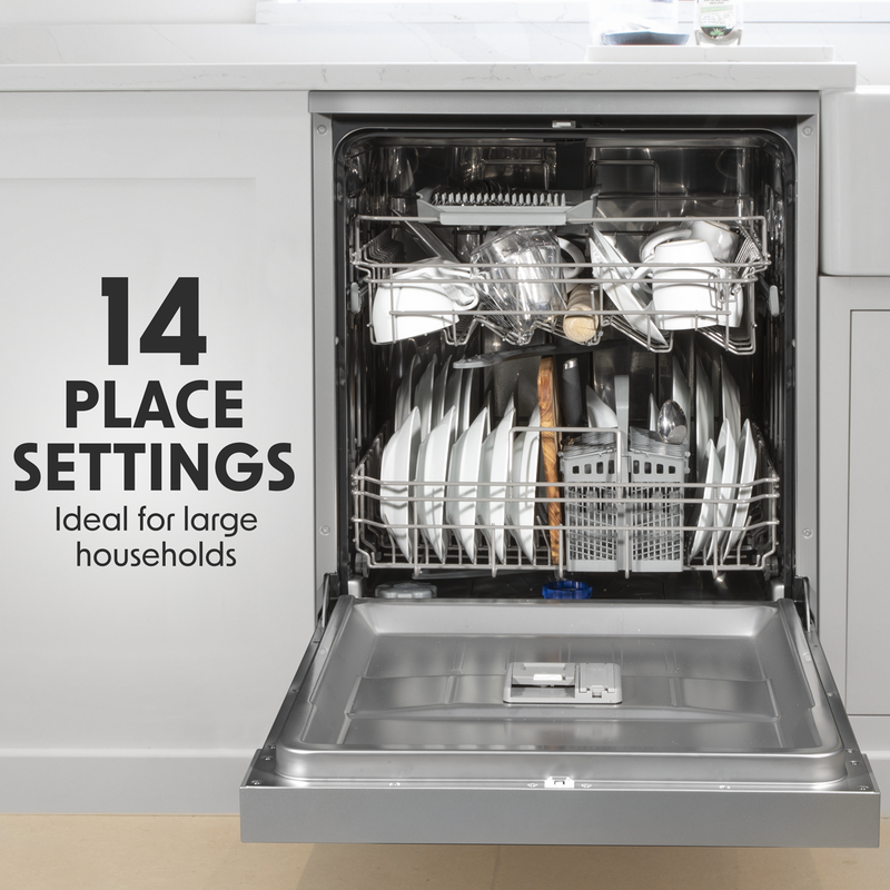 Baridi DH167  Freestanding Dishwasher, Full Size, Standard 60cm Wide with 14 Place Settings, 8 Programs & 5 Functions, LED Display, Silver