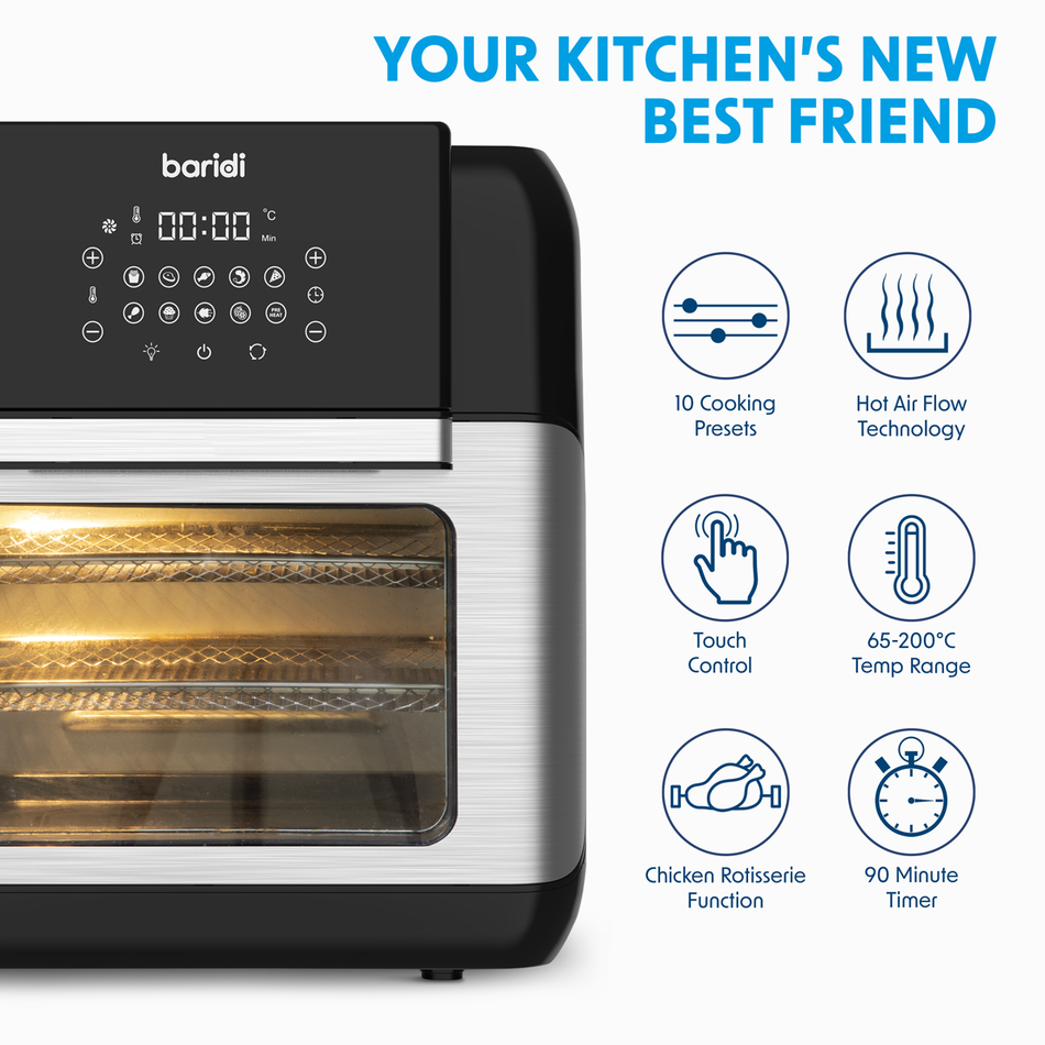 Baridi DH170  Air Fryer & Rotisserie, 10 Preset Programs, 1500W, 12L, Black & Silver