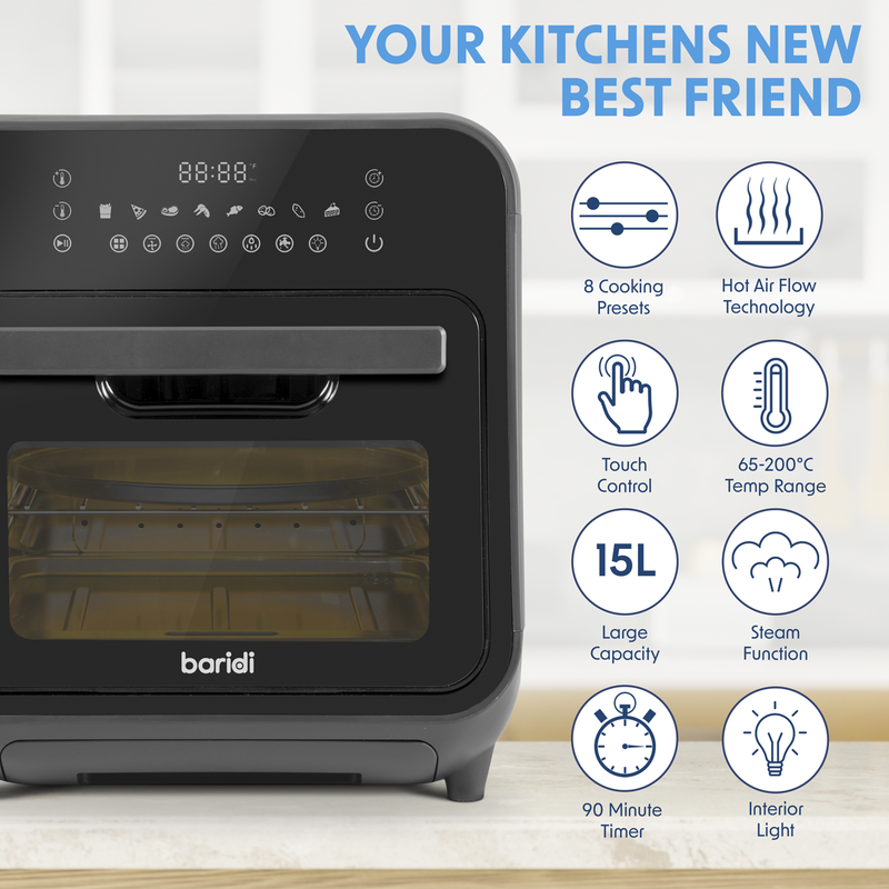 Sealey DH171 Baridi Steam Air Fryer Oven, Self-Cleaning, 8 Preset Programs, 1635W, 15L, Black