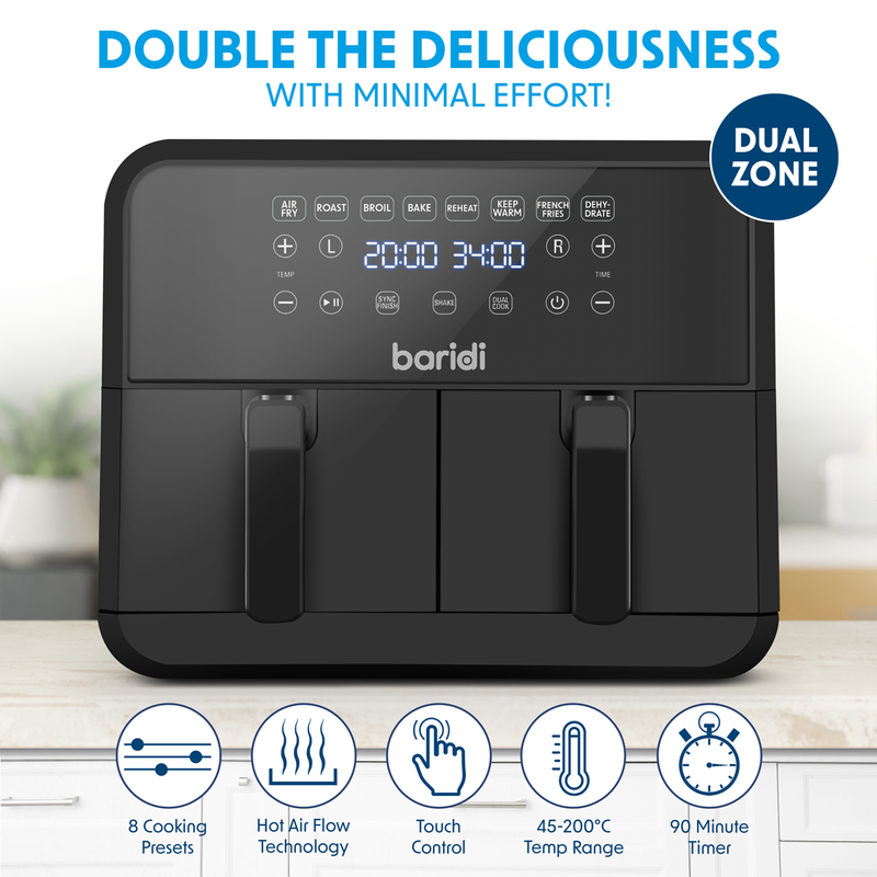 Sealey DH172 Baridi Dual Zone Air Fryer 8L with 8-in-1 Functions Touch Controls, Easy-Clean, Black - DH172