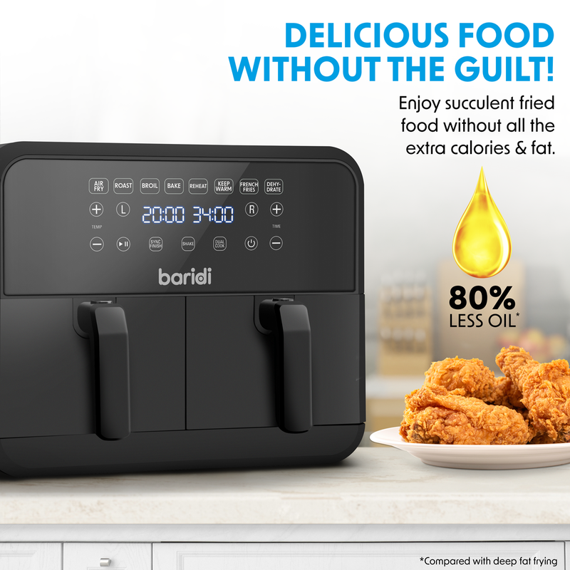 Sealey DH172 Baridi Dual Zone Air Fryer 8L with 8-in-1 Functions Touch Controls, Easy-Clean, Black - DH172