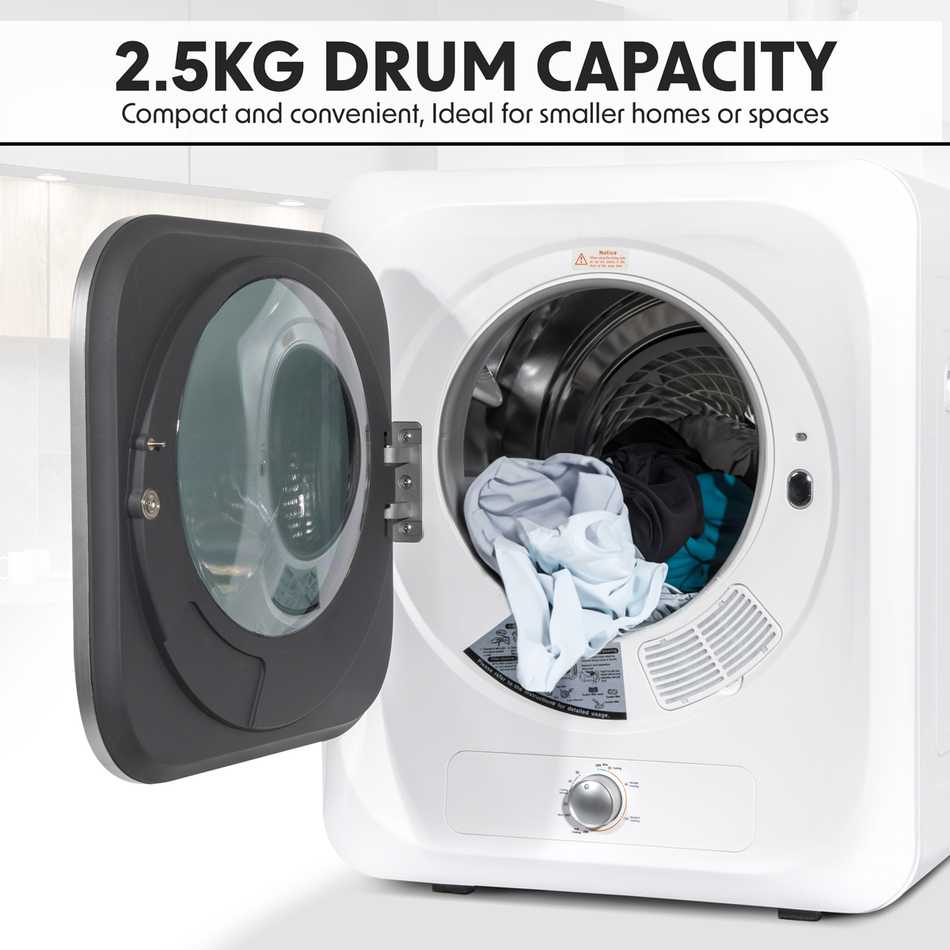 Baridi DH192  Small Tumble Dryer, Portable, 2.5kg, Vented, Perfect for Counter Top or Wall Mounted Use with Mechanical Controls, Compact, Mini Spin Dryer - DH192