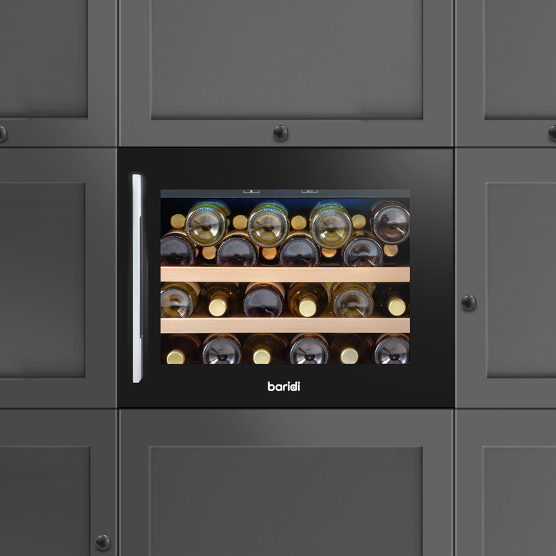 Baridi DH205  60cm Built-In 28 Bottle Wine Cooler with Beech Wood Shelves and Internal LED Light, Black