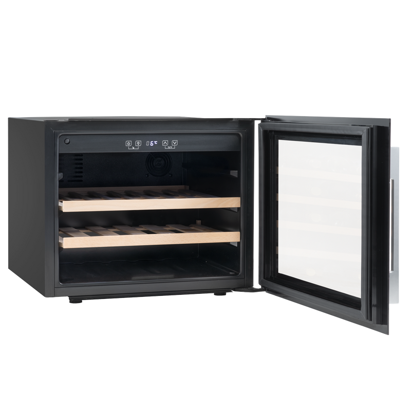 Baridi DH205  60cm Built-In 28 Bottle Wine Cooler with Beech Wood Shelves and Internal LED Light, Black
