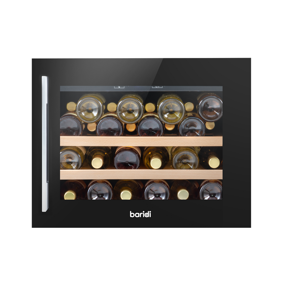 Baridi DH205  60cm Built-In 28 Bottle Wine Cooler with Beech Wood Shelves and Internal LED Light, Black