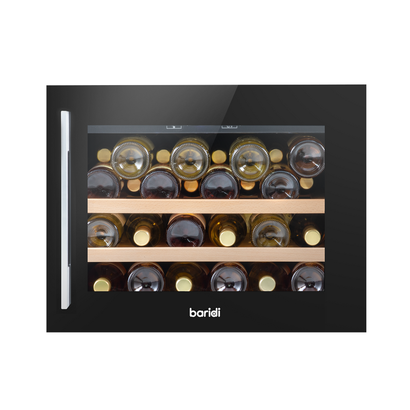 Baridi DH205  60cm Built-In 28 Bottle Wine Cooler with Beech Wood Shelves and Internal LED Light, Black