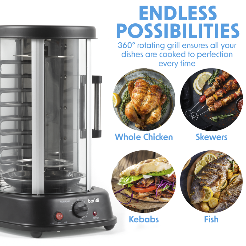 Baridi DH216  Rotisserie Grill, Kebabs, Gyros, Skewers, Roasts, 1500W, 21L, Black