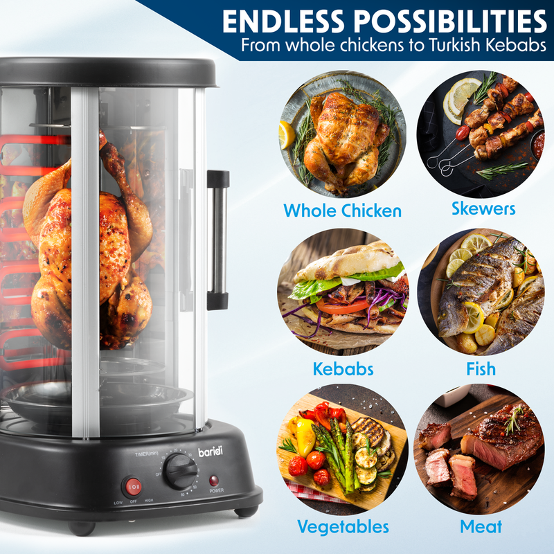 Baridi DH216  Rotisserie Grill, Kebabs, Gyros, Skewers, Roasts, 1500W, 21L, Black
