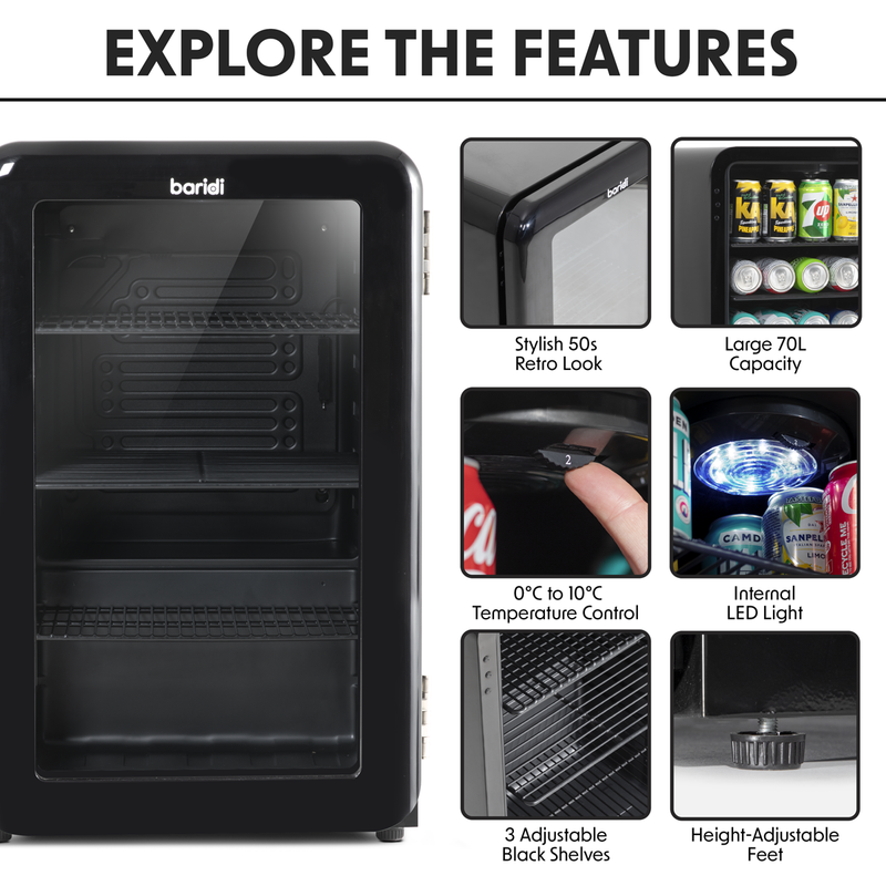 Sealey DH222 Baridi 70L Under Counter Drinks/Beer & Wine Cooler Fridge, Retro Style, Black