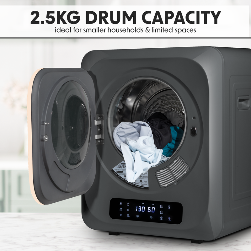 Baridi DH229  Small Tumble Dryer, Portable, 2.5kg, Vented, Perfect for Counter Top or Wall Mounted Use with Digital Controls, Compact, Black Mini Spin Dryer - DH229