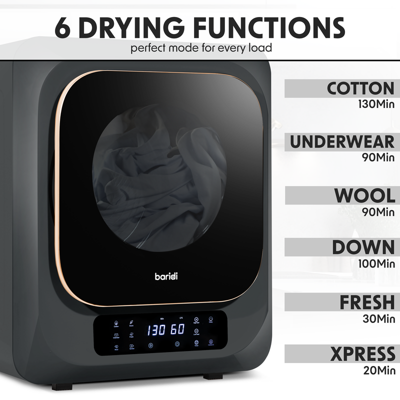 Baridi DH229  Small Tumble Dryer, Portable, 2.5kg, Vented, Perfect for Counter Top or Wall Mounted Use with Digital Controls, Compact, Black Mini Spin Dryer - DH229