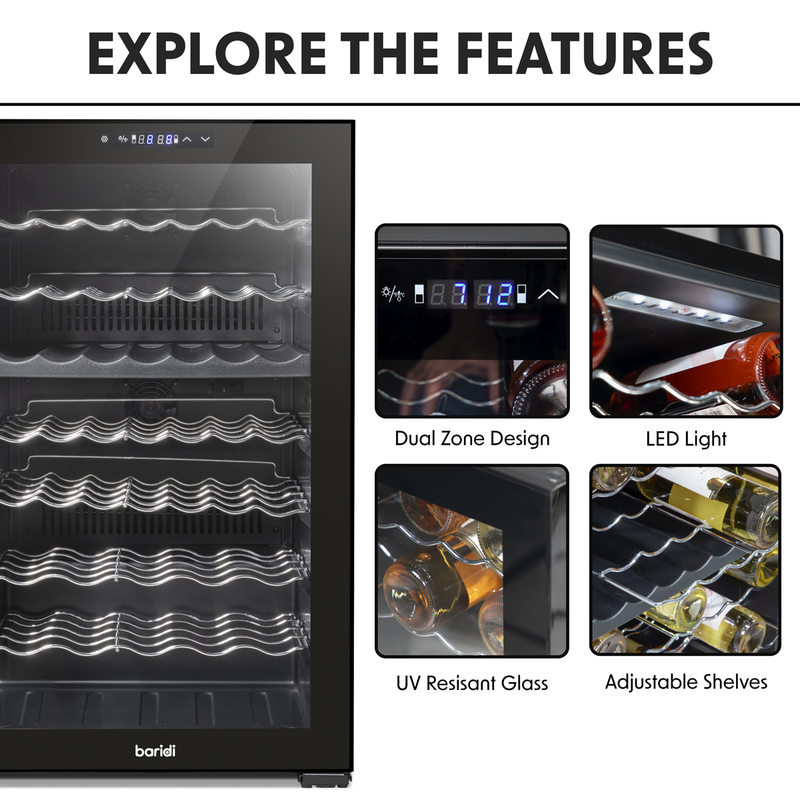 Sealey DH236 Baridi 52 Bottle Dual Zone Wine Cooler, Fridge, Touch Screen Controls, LED - Black