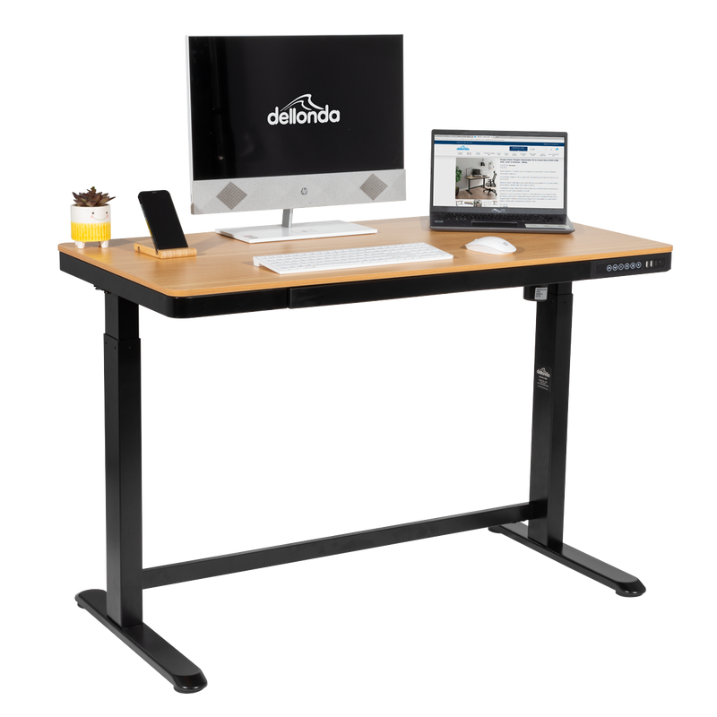 Dellonda DH65 Dellonda Oak Electric Adjustable Standing Desk with USB & Drawer, 1200 x 600mm