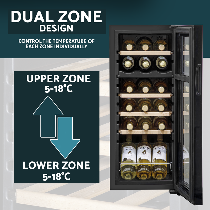 Baridi DH89  18 Bottle Dual Zone Wine Cooler, Fridge with Digital Touchscreen Controls, Wooden Shelves & LED Light, Black