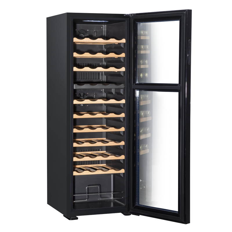 Baridi DH92  44 Bottle Dual Zone Wine Cooler, Fridge with Digital Touchscreen Controls, Wooden Shelves & LED Light, Black
