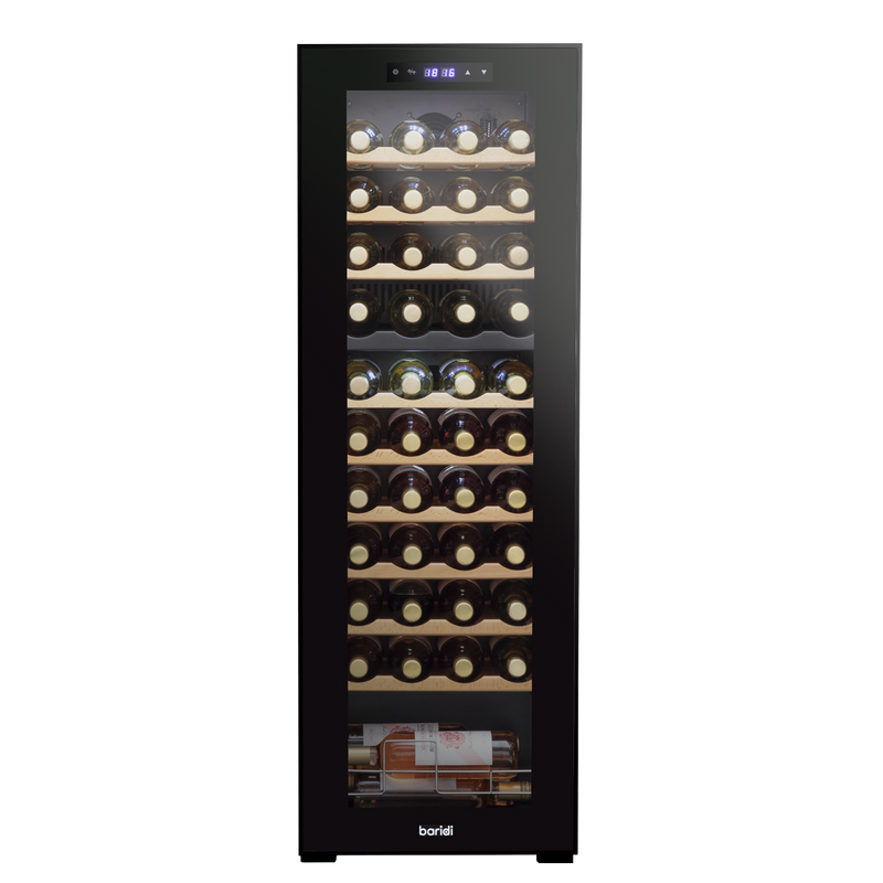 Baridi DH92  44 Bottle Dual Zone Wine Cooler, Fridge with Digital Touchscreen Controls, Wooden Shelves & LED Light, Black