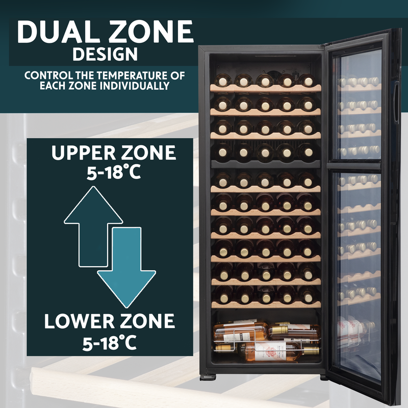 Baridi DH93  55 Bottle Dual Zone Wine Cooler, Fridge with Digital Touchscreen Controls, Wooden Shelves & LED Light, Black