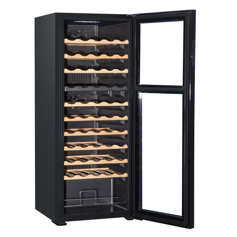 Baridi DH93  55 Bottle Dual Zone Wine Cooler, Fridge with Digital Touchscreen Controls, Wooden Shelves & LED Light, Black
