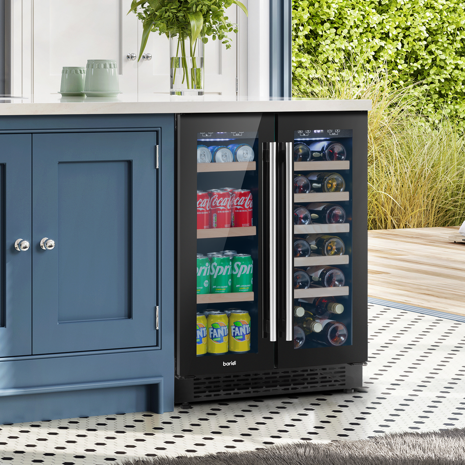 Baridi DH96  60cm Dual Zone Wine Cooler and Drinks Fridge 40 Bottle/120 Can Built-In Under Counter/Freestanding Glass Fronted Bar Drinks Fridge Chiller