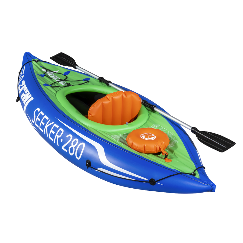 Dellonda DL154 Inflatable One-Person Kayak/Canoe Set with Pump, Carry Bag & Aluminium Oar - Blue/Green