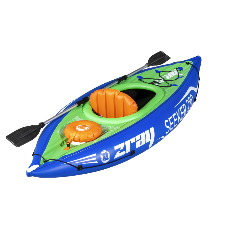 Dellonda DL154 Inflatable One-Person Kayak/Canoe Set with Pump, Carry Bag & Aluminium Oar - Blue/Green