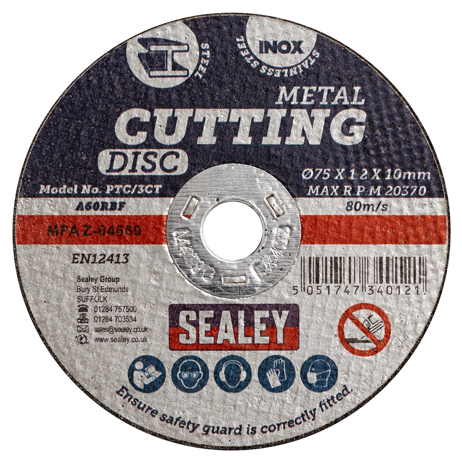 Sealey PTC/3CT10 75 x 1.2mm Cutting Disc 10mm Bore - Pack of 10
